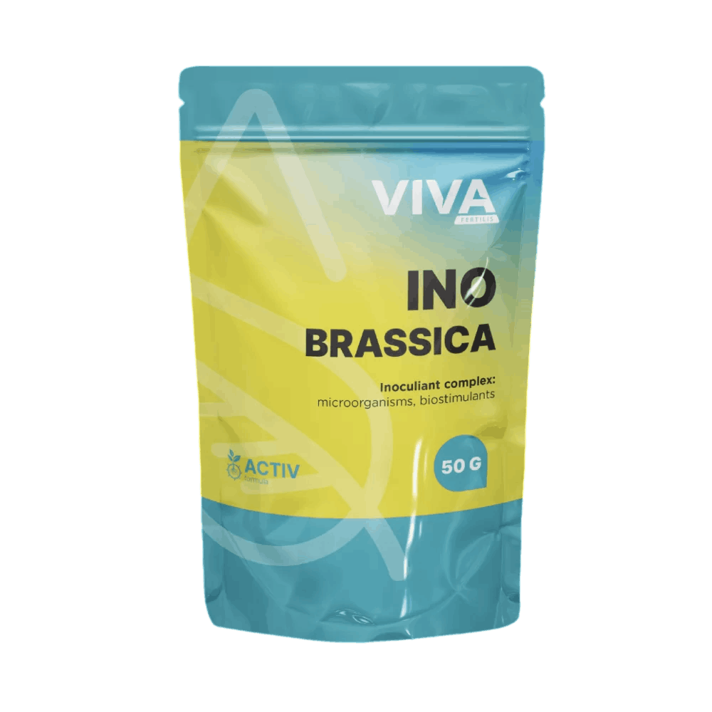 Opakowanie nawozu Viva INO Brassica 50 g, żółto-turkusowe, napis i logo na froncie